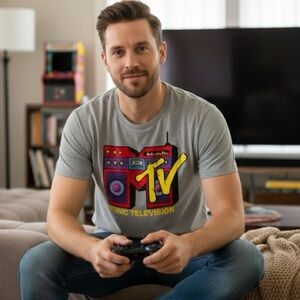 MTV logo men’s gray graphic tee t-shirt short sleeve crew neck top medium grey*